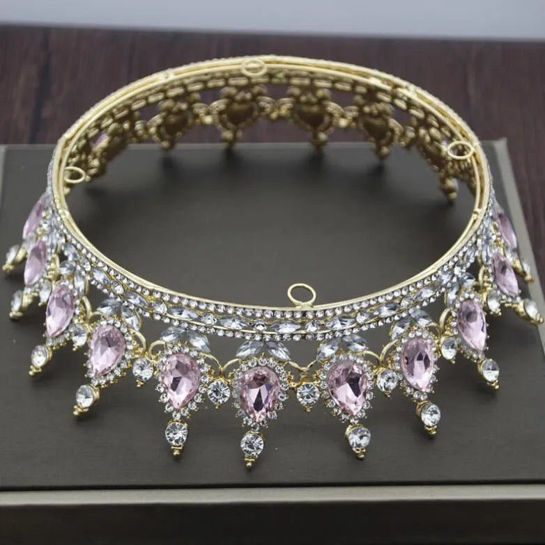 Baroque bridal crown headdress with rhinestone accents, alloy frame, 12.5cm diameter, gold powder finish
