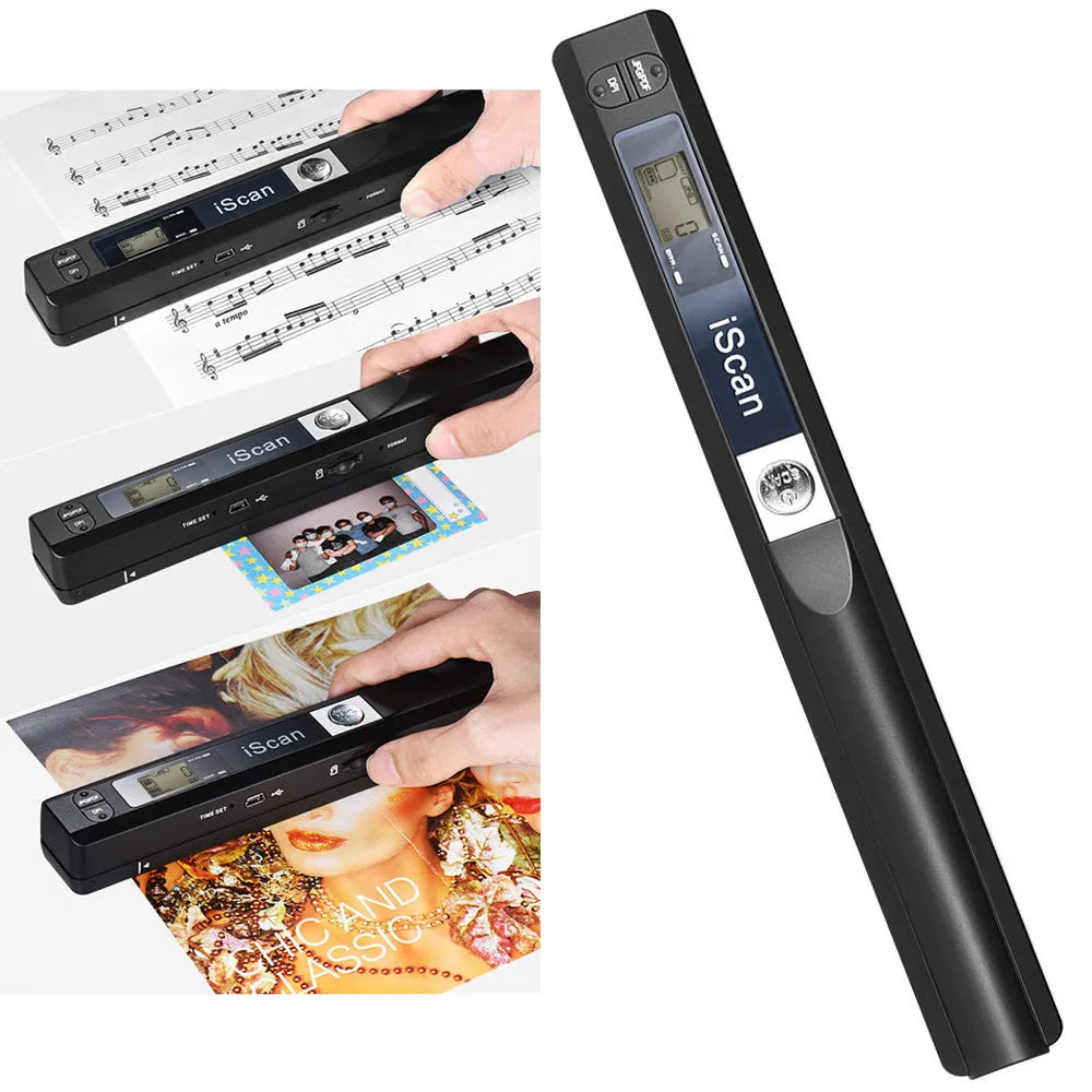 Handheld plastic scanner shown in one of five colour options: black, blue, green, red, or silver.