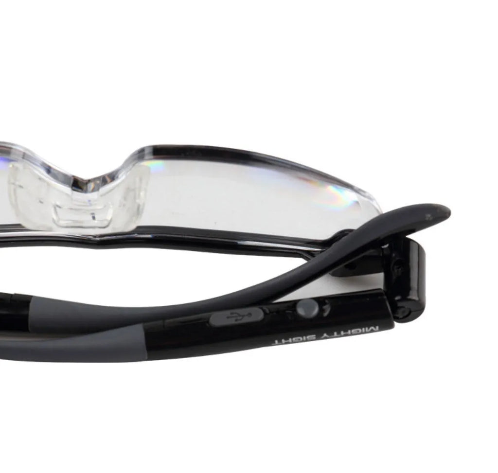 Transparent black USB LED reading light glasses on a white background.