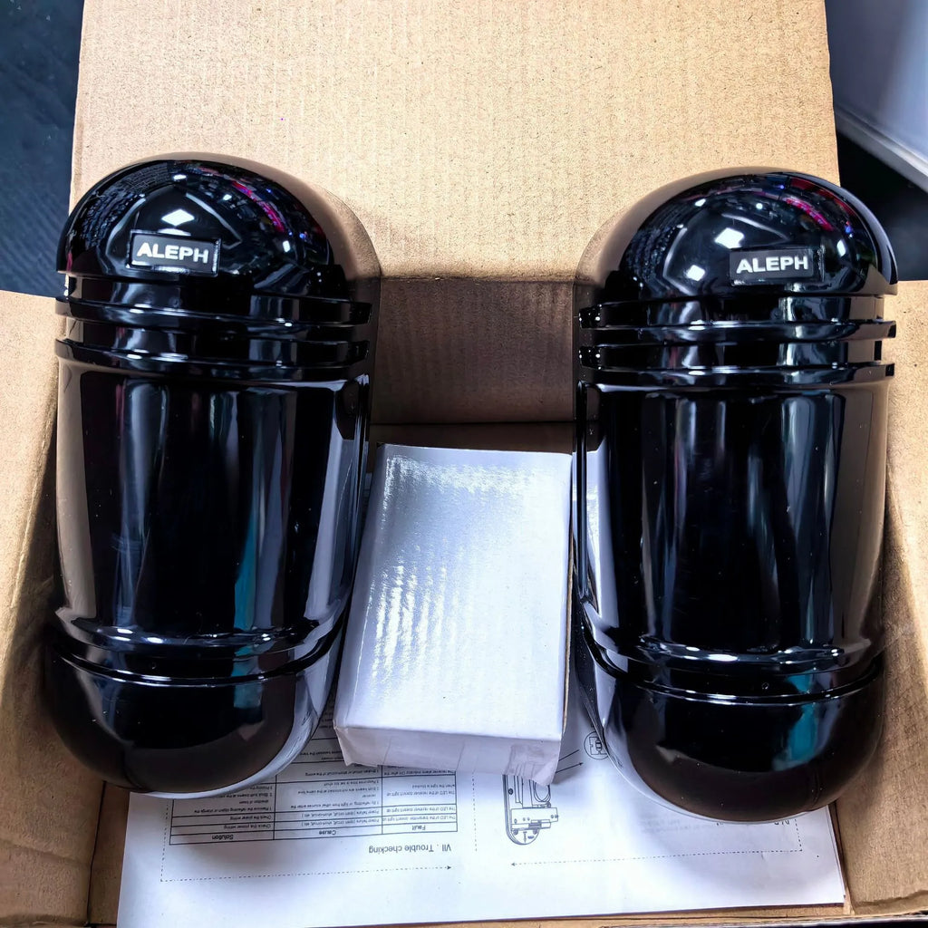 Black two-beam infrared security detector with wired connections for 150 metre perimeter protection
