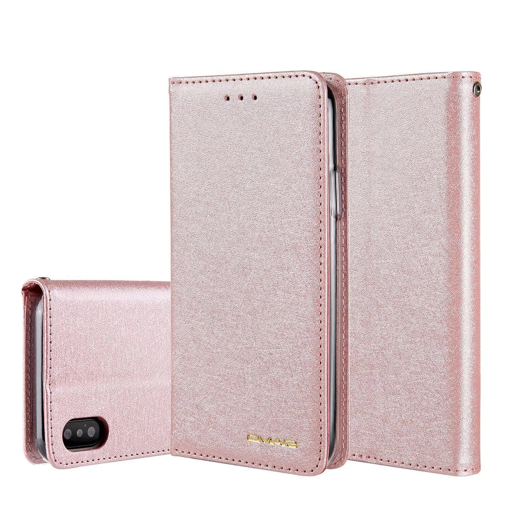 PU leather flip phone case for iPhone in various colours, showing closed front and open view with card slots.