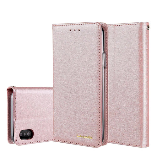 PU leather flip phone case for iPhone in various colours, showing closed front and open view with card slots.