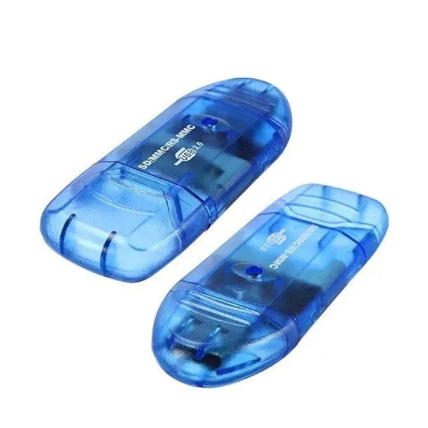 Transparent USB card reader for SD and MS memory cards with optional LED light, shown with card holder.