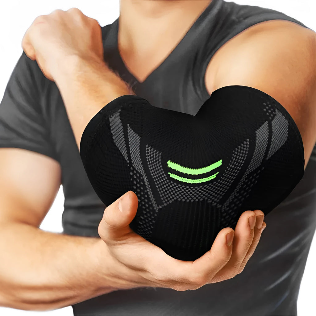 Black elbow support compression sleeve with anti-slip knitted design on a person's arm.