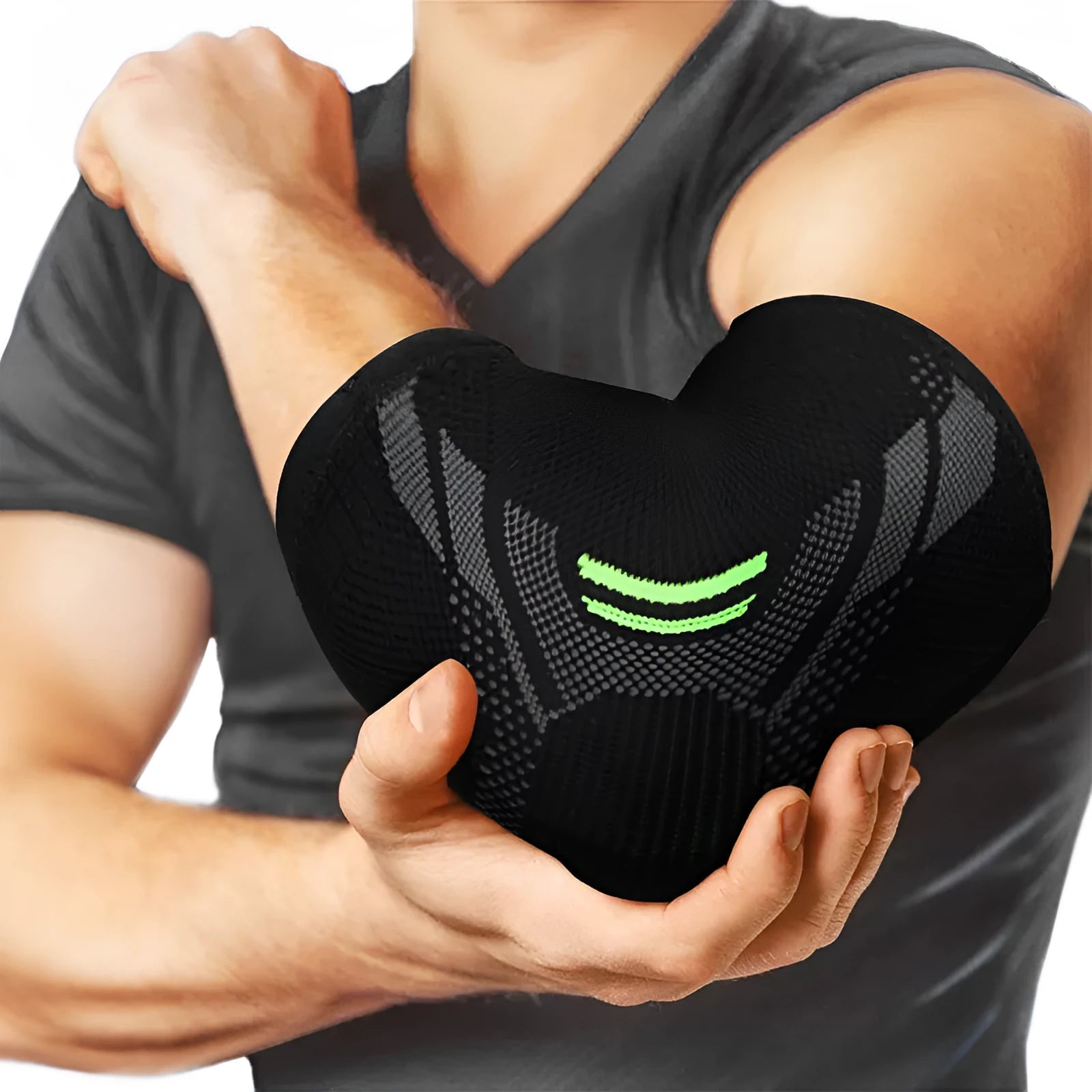 Black elbow support compression sleeve with anti-slip knitted design on a person's arm.