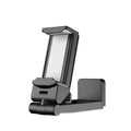 Universal foldable rotating phone holder in black, shown holding a smartphone in landscape orientation.
