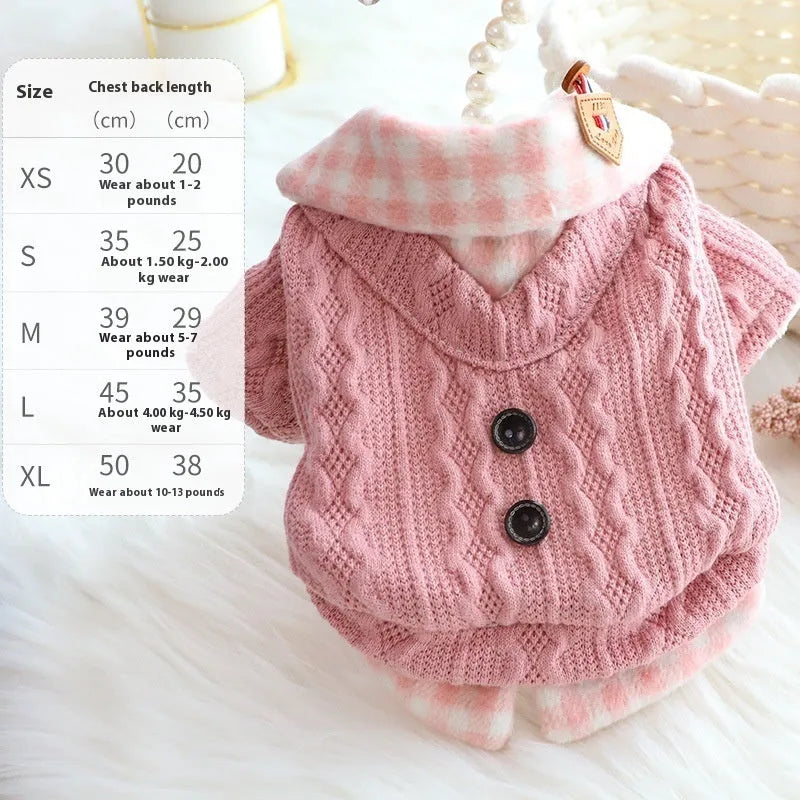 Blue plaid pattern dog sweater with fake two-piece design and fleece lining