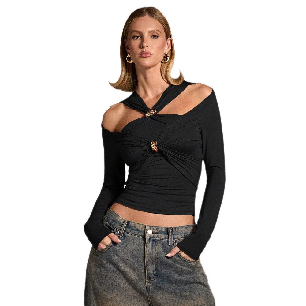 Black women's halter top with long sleeves and a slim fit silhouette.
