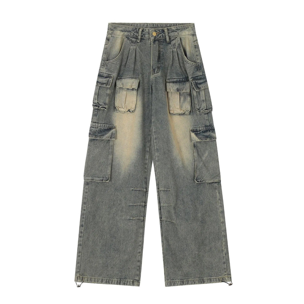 Loose fit light blue denim jeans with multiple pockets and a distressed washed finish on a neutral background.