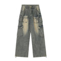 Loose fit light blue denim jeans with multiple pockets and a distressed washed finish on a neutral background.