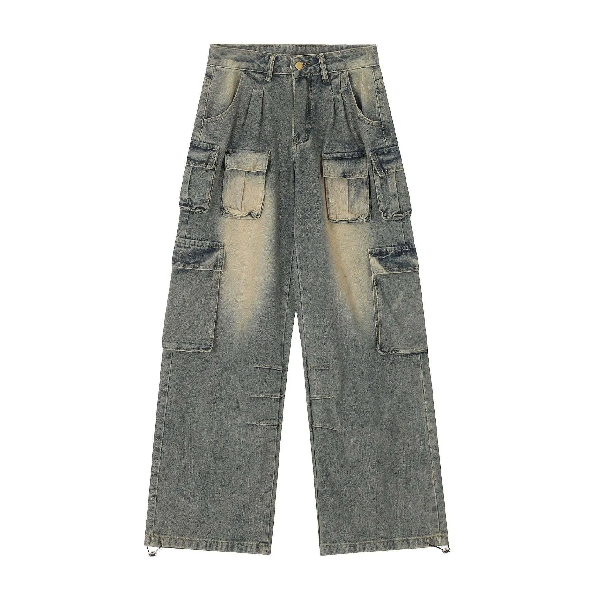 Loose fit light blue denim jeans with multiple pockets and a distressed washed finish on a neutral background.