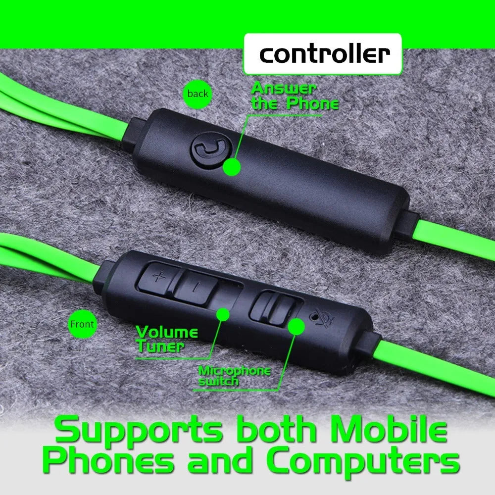 Shuangmai wired in-ear computer gaming headset in black, green, and red colours.