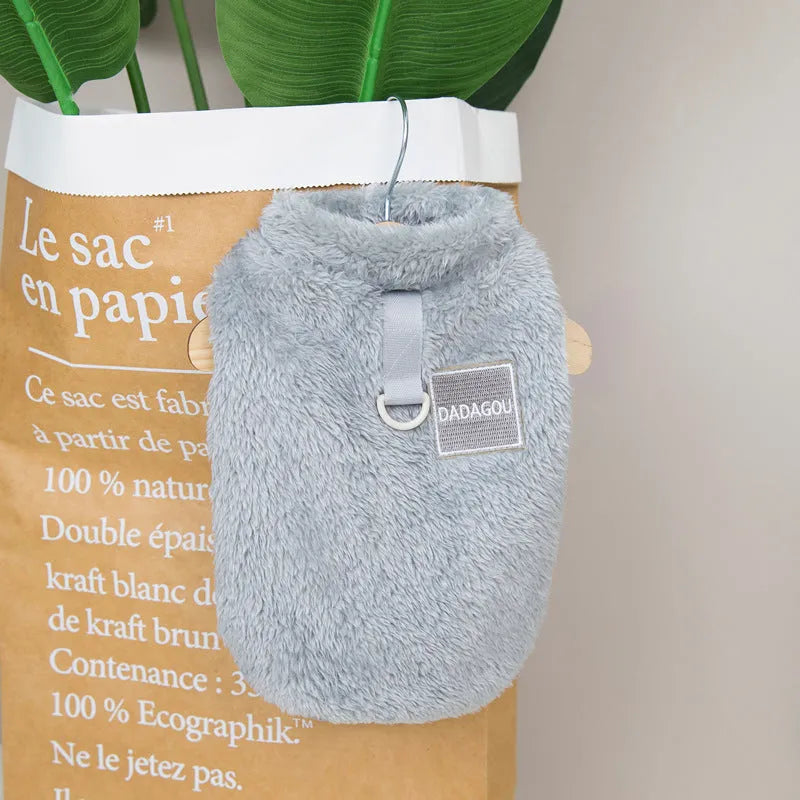 Coral fleece dog jacket with multi-colour pull ring fastening in blue colour option
