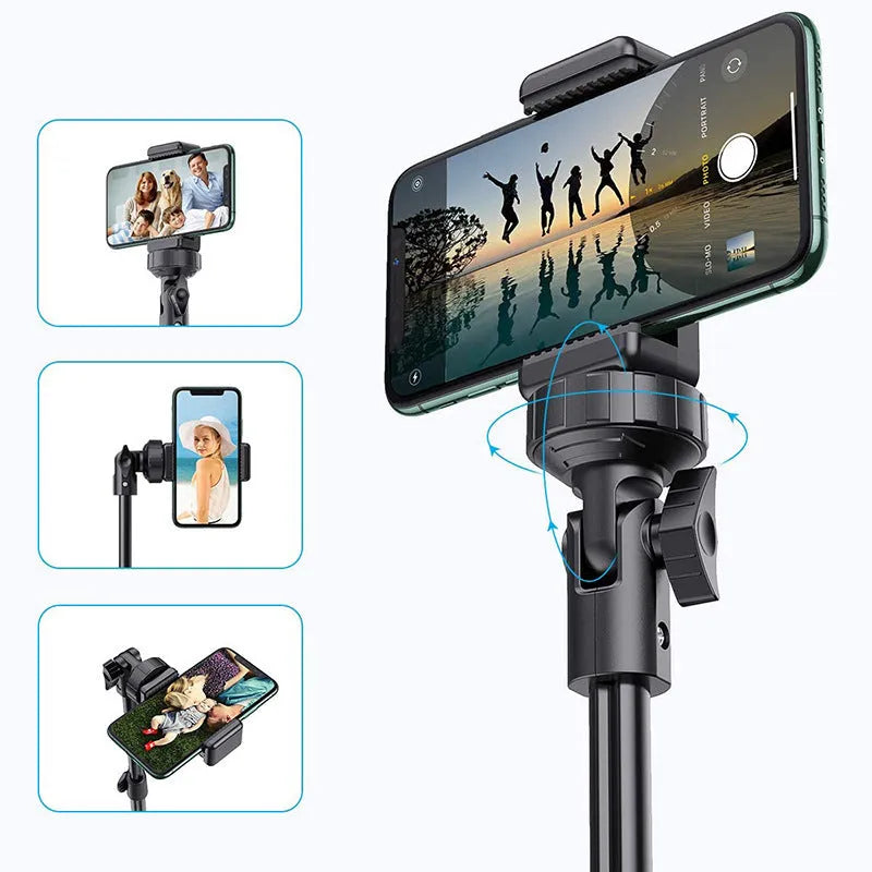 Black aluminium selfie stick tripod extended to different heights with iPhone mounted