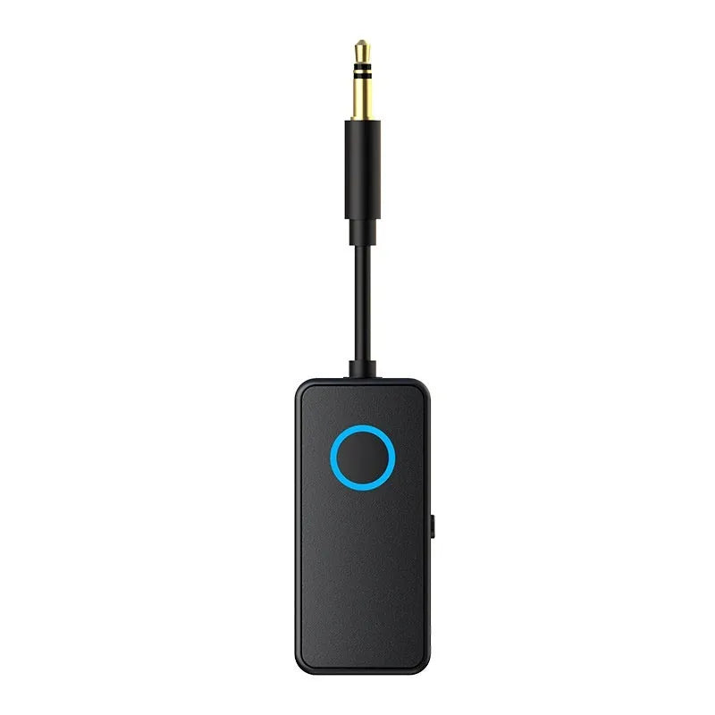Black Bluetooth 5.4 audio adapter with flexible 3.5mm plug for wireless connectivity.