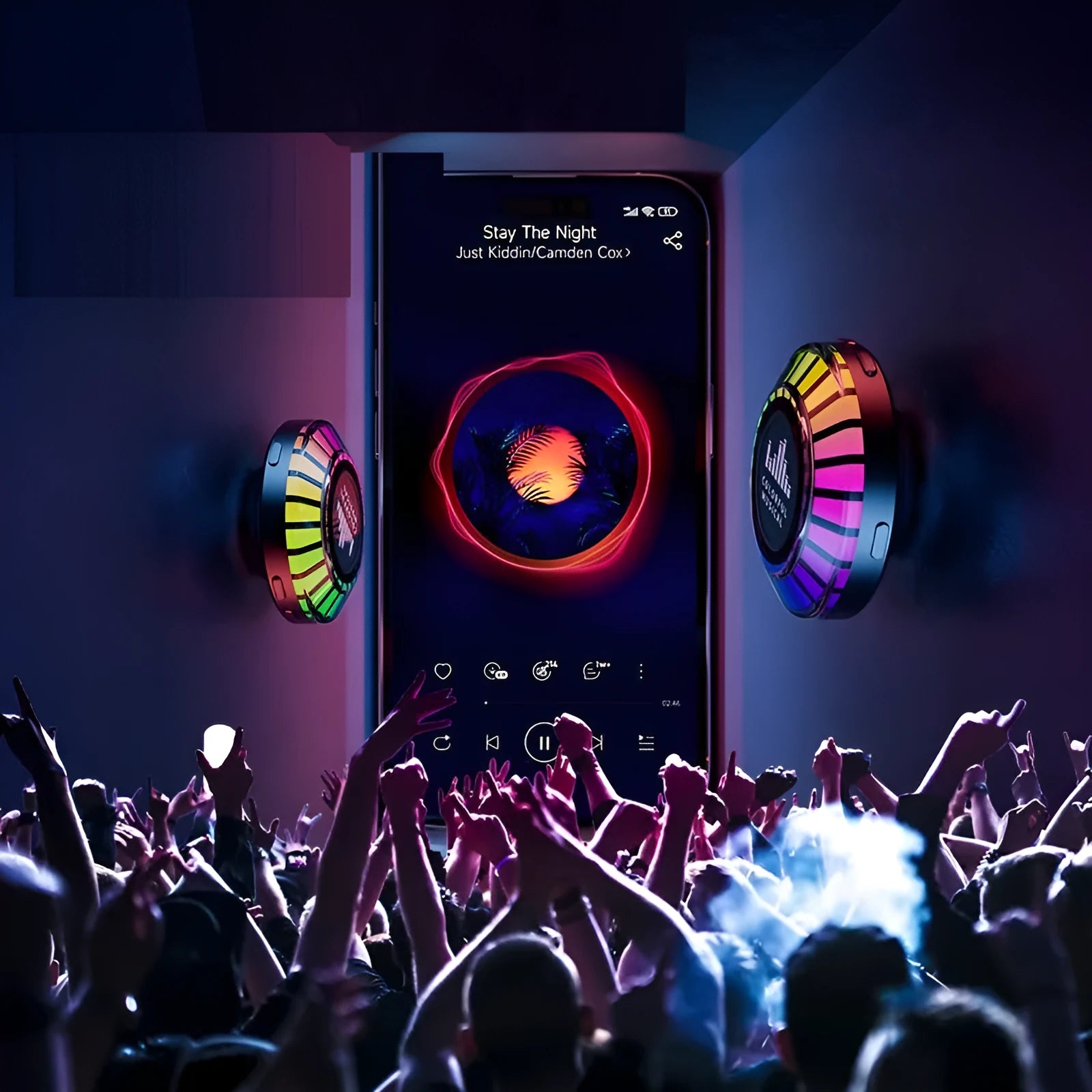 Small cube-shaped Bluetooth atmosphere lamp with colourful polar light display on a wooden surface