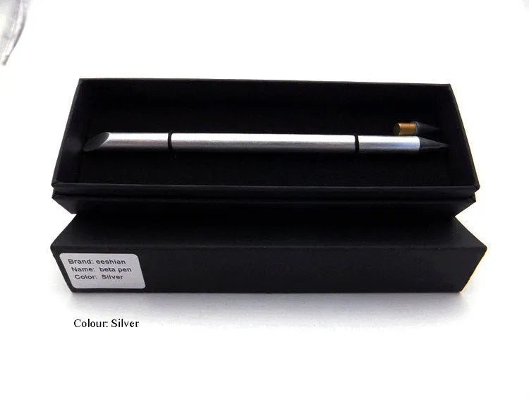 Silver inkless metal pen with alloy steel nib next to its presentation box and pen bag.