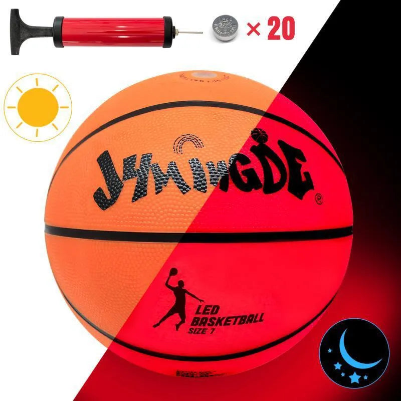 LED luminous basketball in red rubber with glow-in-the-dark feature for night play