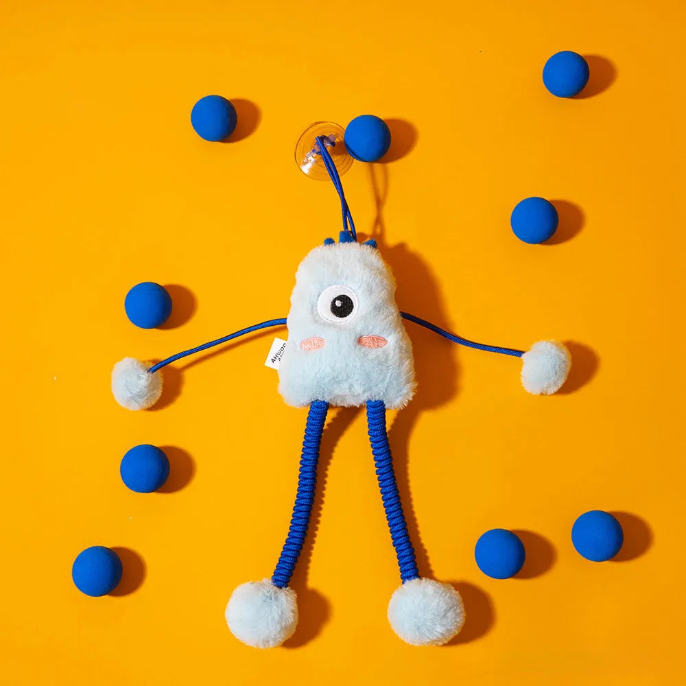 Telescopic plush cat toy with elastic rope and mint-scented bell ring, measuring 30x30cm