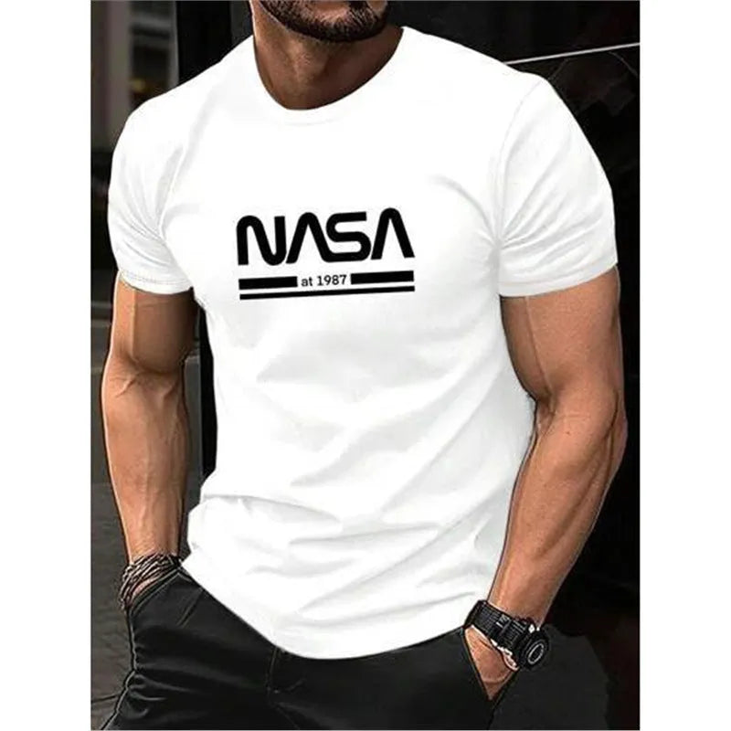 Men's slim-fit cotton short sleeve T-shirt with printed letters design in various solid colours