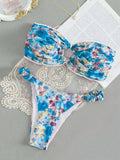 Women's tube top bikini swimsuit with lace detailing in floral print