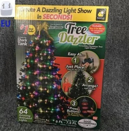 64 LED dazzler shower tree light string on a Christmas tree showing cascading lights with IP44 outdoor rating
