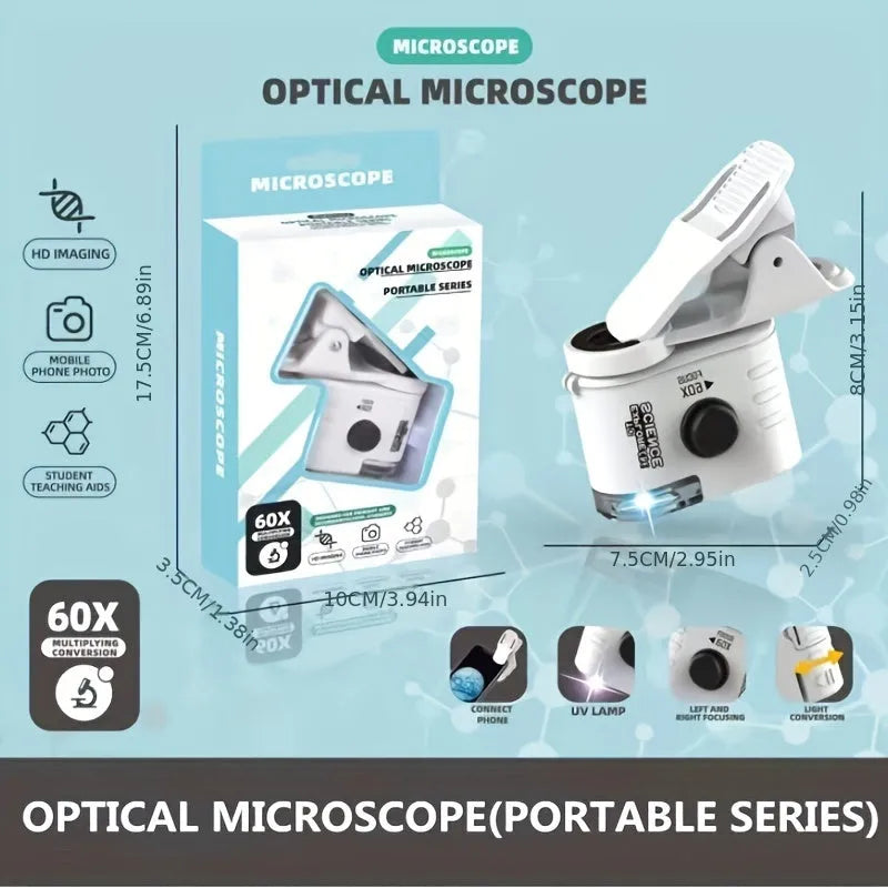 Mini 60x magnification smartphone microscope with LED light and detachable clip on a mobile phone