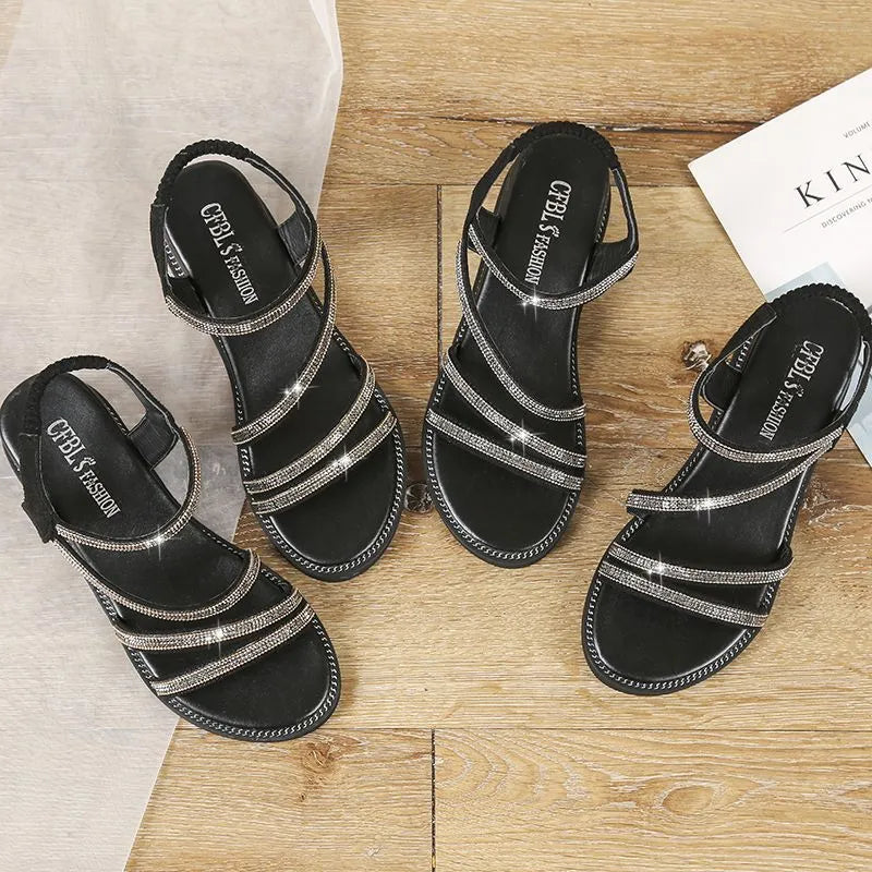 Women's Korean style sandals with rhinestone details and elastic band in silver colour
