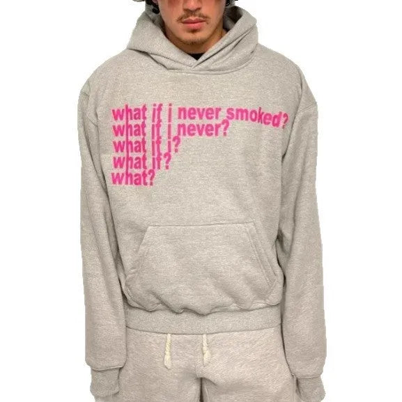 Black hooded sweater with white letter print design, regular sleeves and hooded collar