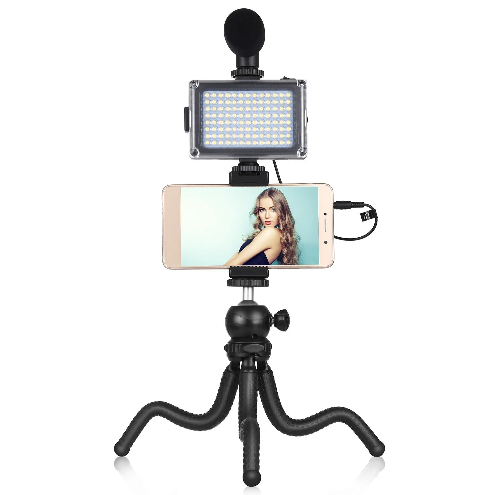 Black octopus tripod broadcast kit with flexible legs, fill light, and microphone for iPhone