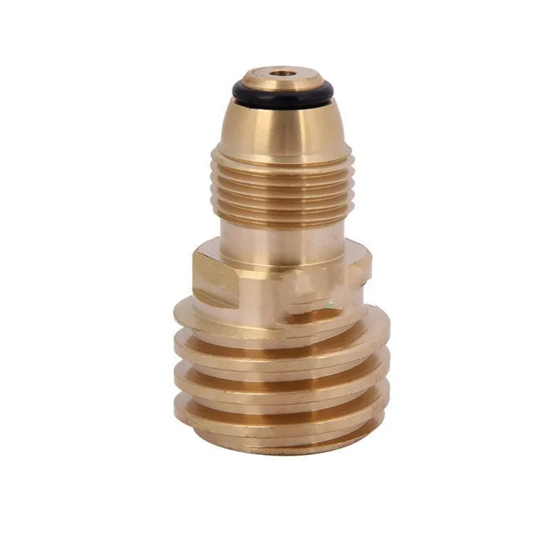 Brass gas brazier adapter with gold finish showing taper external thread
