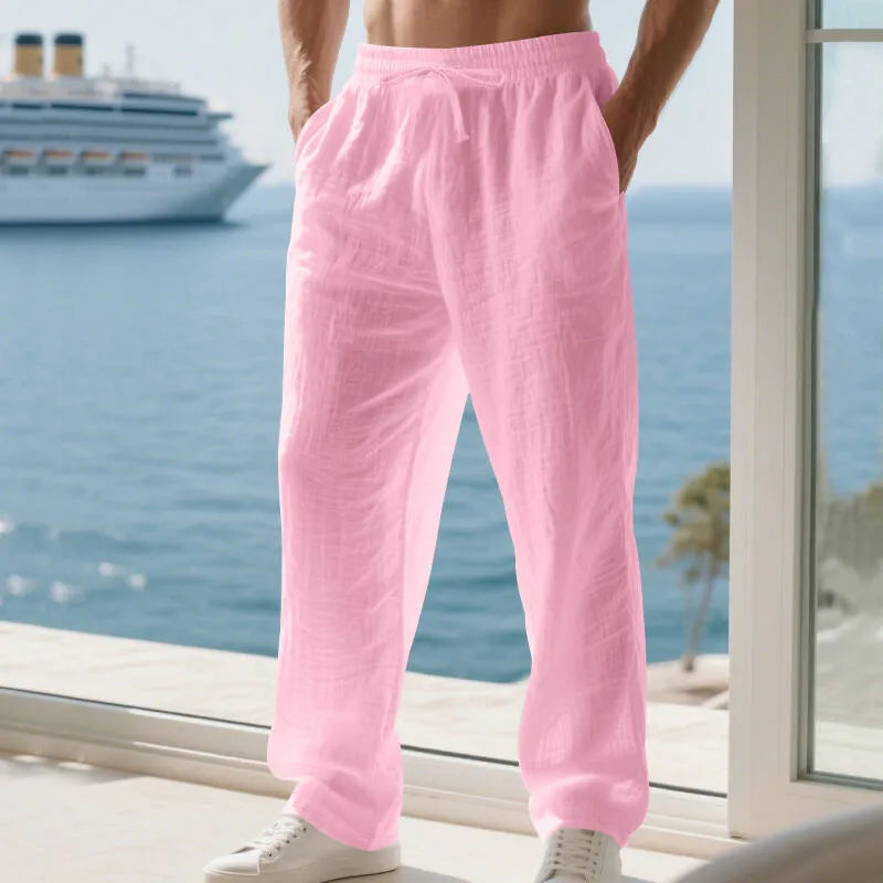 Men's linen solid colour loose fit wide leg drawstring beach trousers, straight cut, summer casual wear