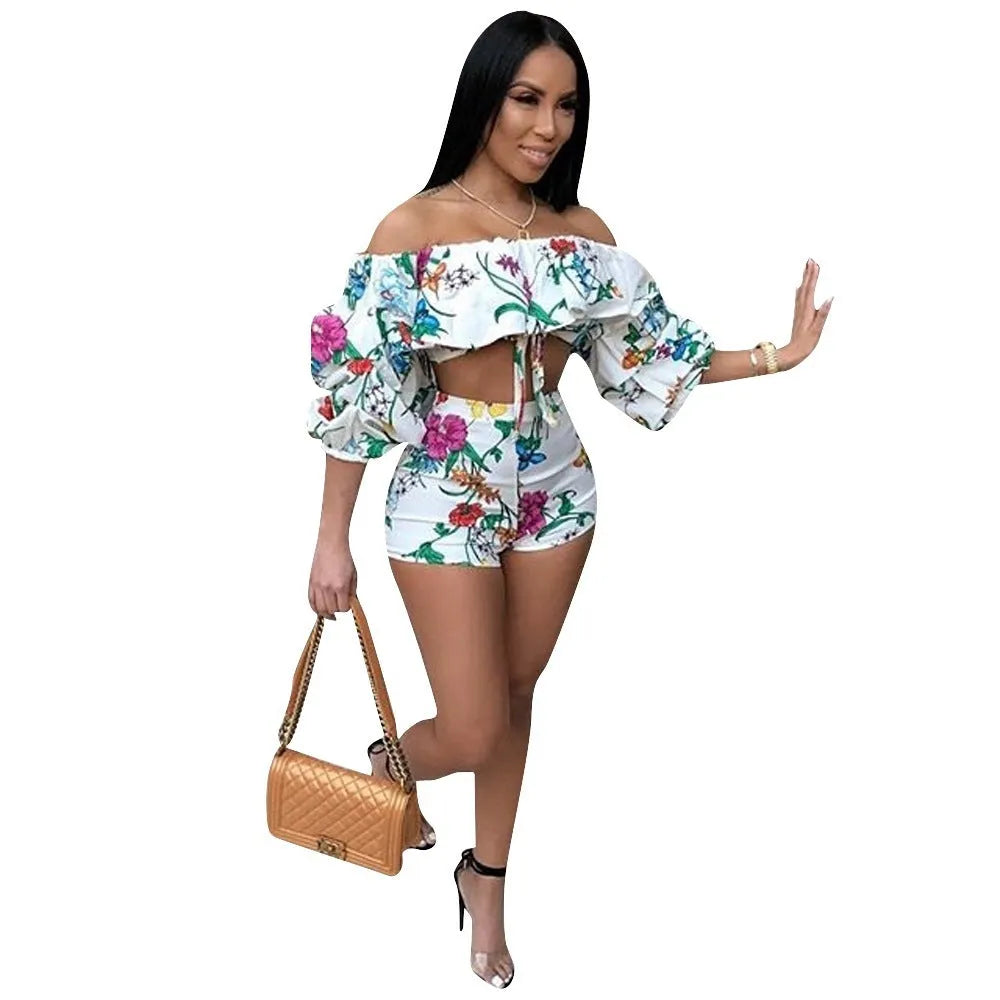 Women's multicolour digital print two-piece set with pile sleeve top and matching shorts.