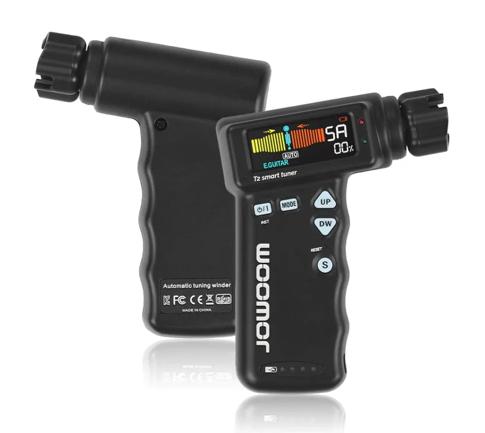 Black and white smart guitar tuner and string winder combo with LCD display and USB charging cable