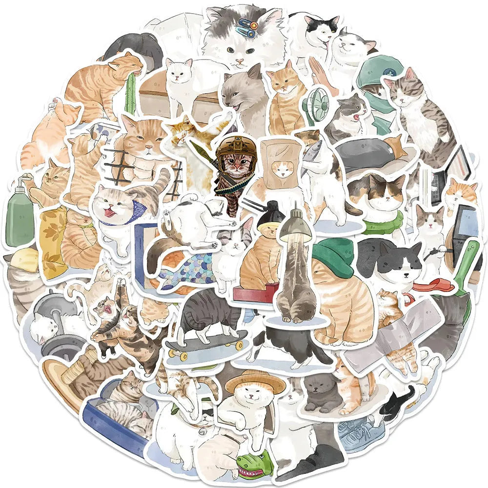 53 cartoon watercolour cute cat stickers for computer luggage guitar mobile phone decor, multicolour mixed pack
