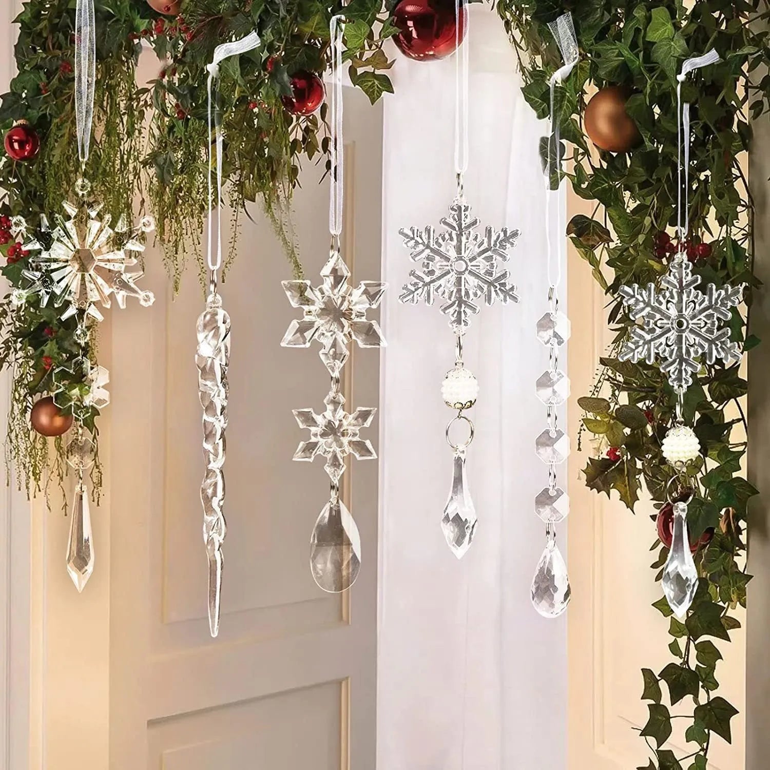 10pcs clear acrylic ice strip Christmas tree hanging pendants with ribbon for indoor outdoor decoration