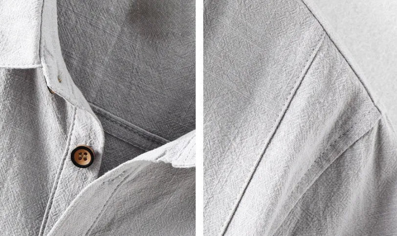 Men's loose fit linen cotton blend casual shirt in solid colours on a hanger.