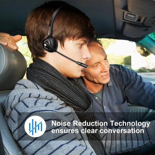 Over-ear Bluetooth headset with microphone for truck drivers and office use, shown with USB charging cable.