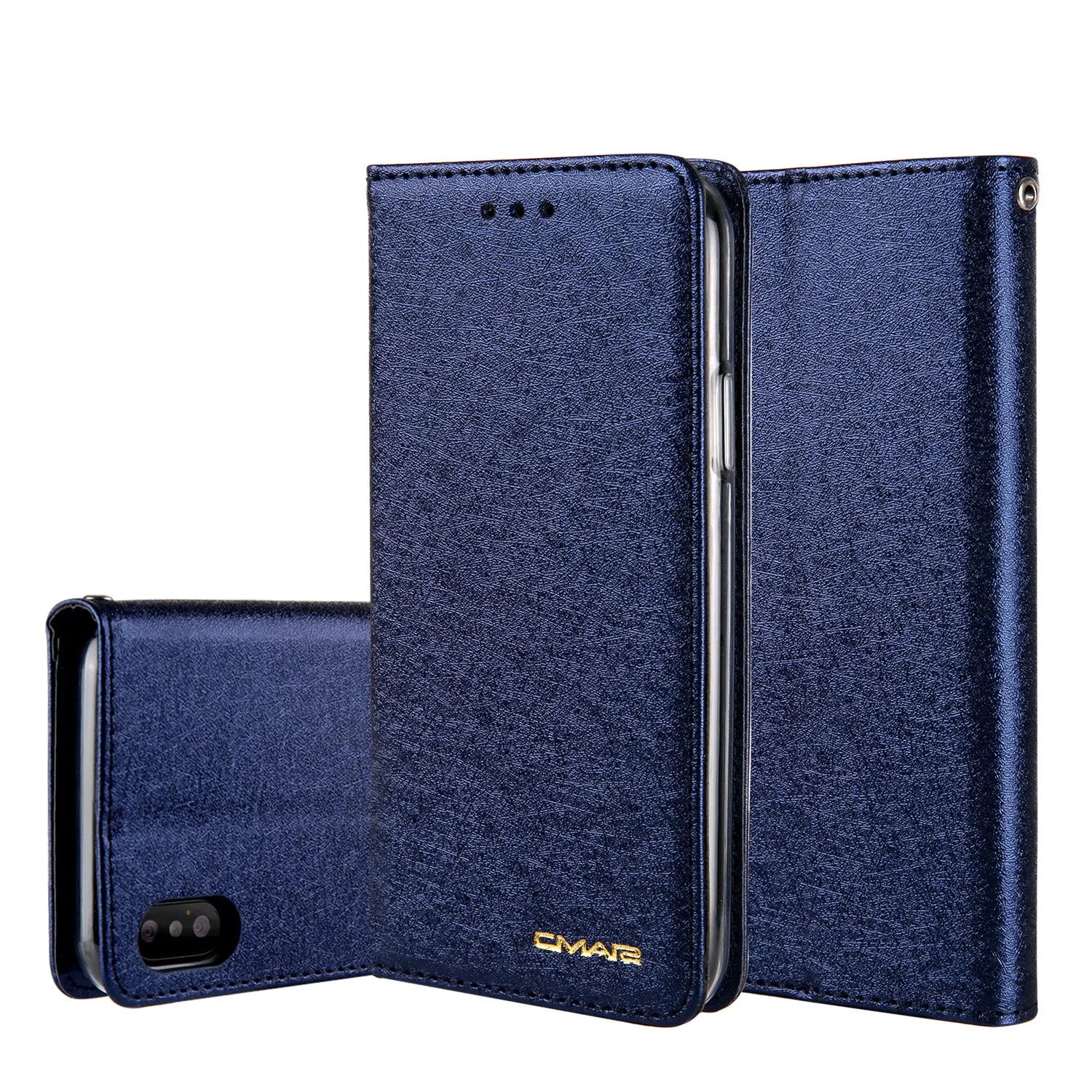 PU leather flip phone case for iPhone in various colours, showing closed front and open view with card slots.