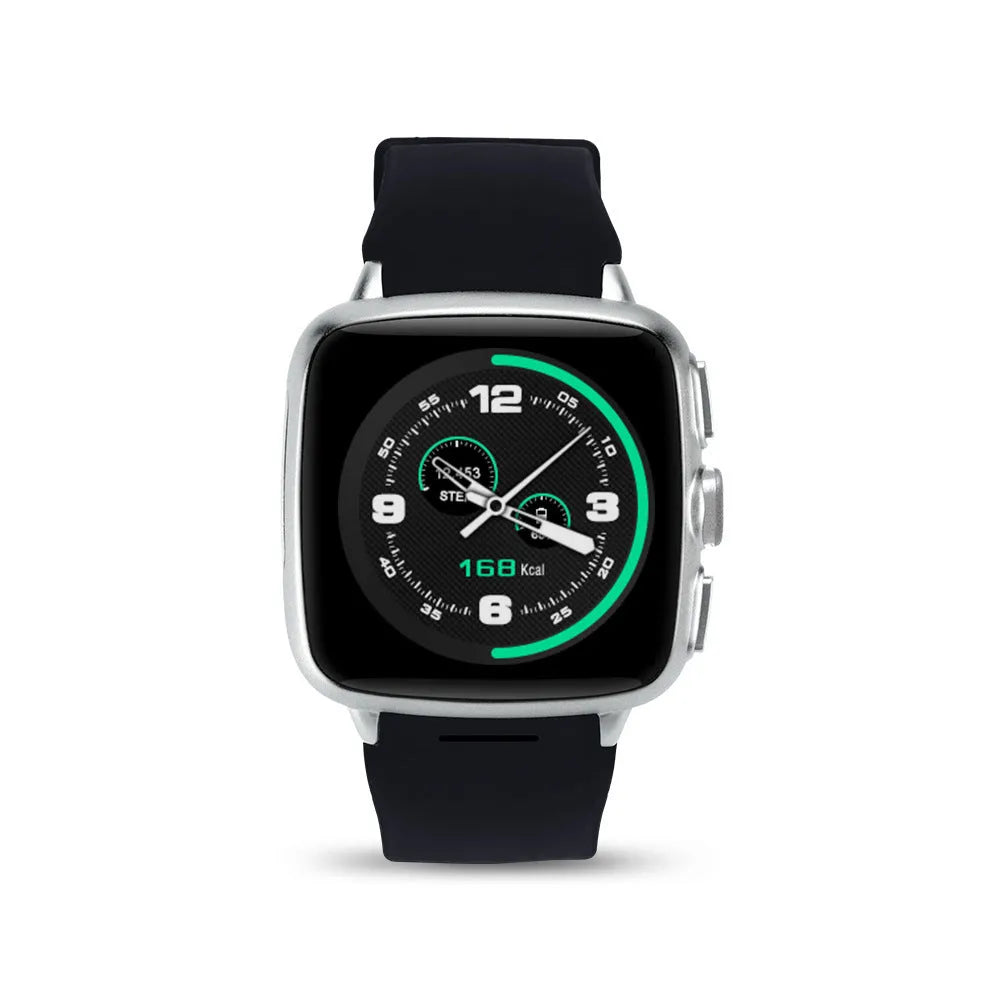 Black or white smart watch with 1.54 inch screen showing Android interface
