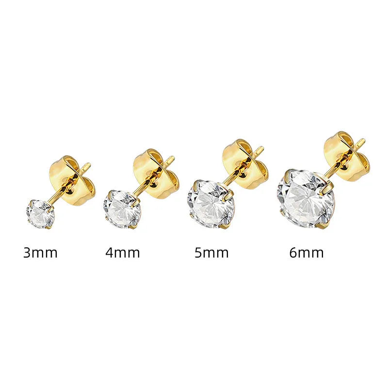 Square geometric titanium steel stud earrings with round zircon accents in gold or steel colour finishes