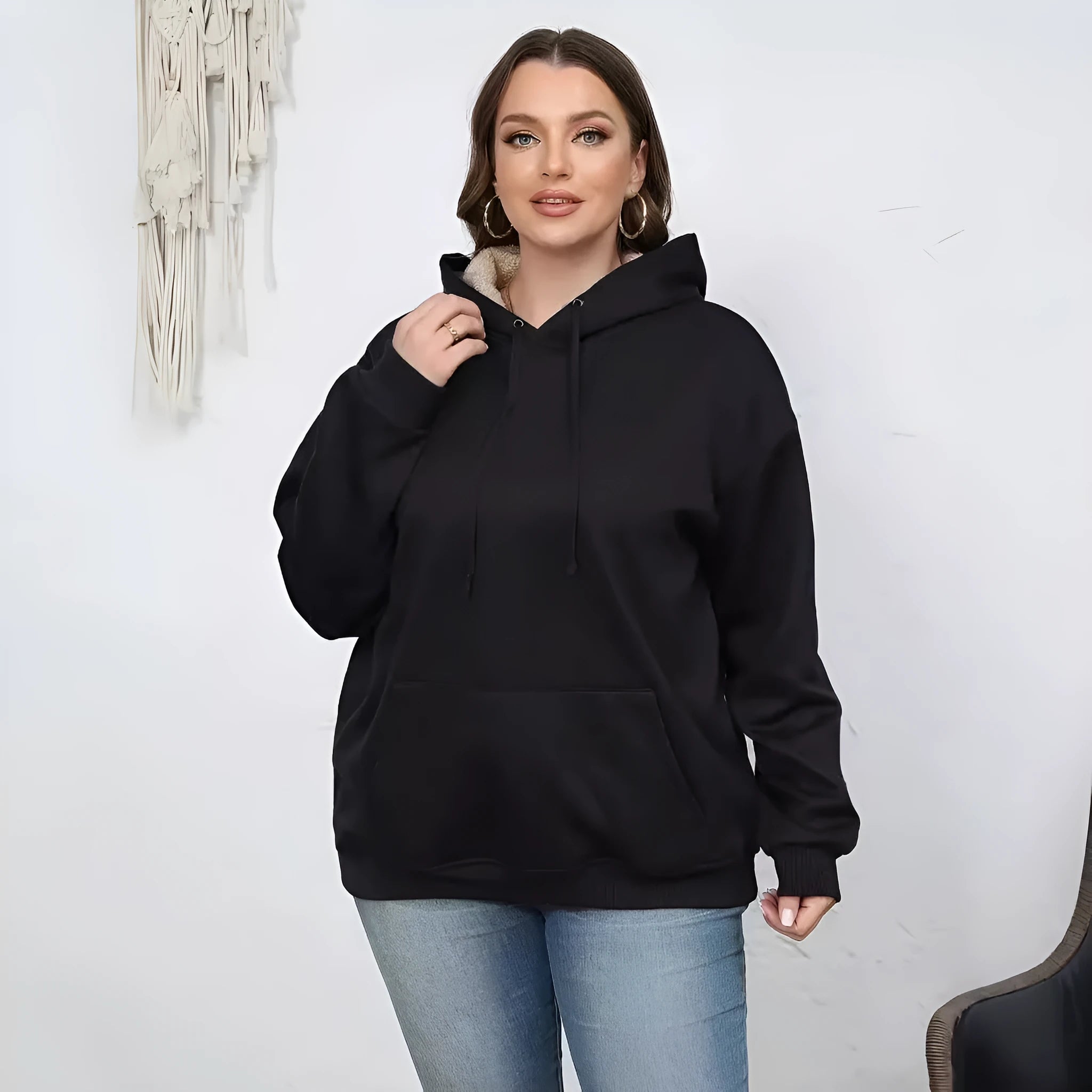 Women's thick polyester hooded sweater with 3D pattern, pockets, and loose fit design in multiple colours