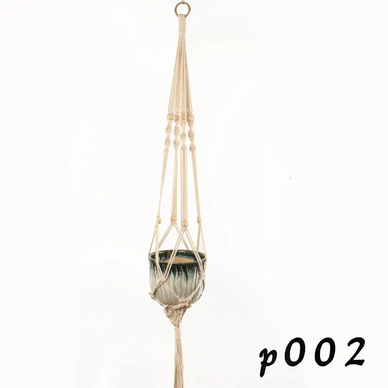 Woven cotton rope plant pot holder for wall mounting or desktop plant display.
