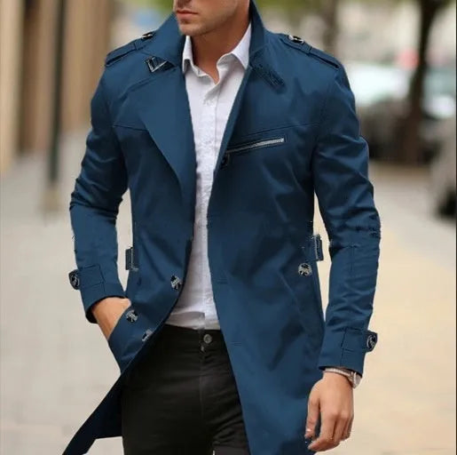 Men's lapel-style casual jacket in army green, shown mid-length with side seam pockets.