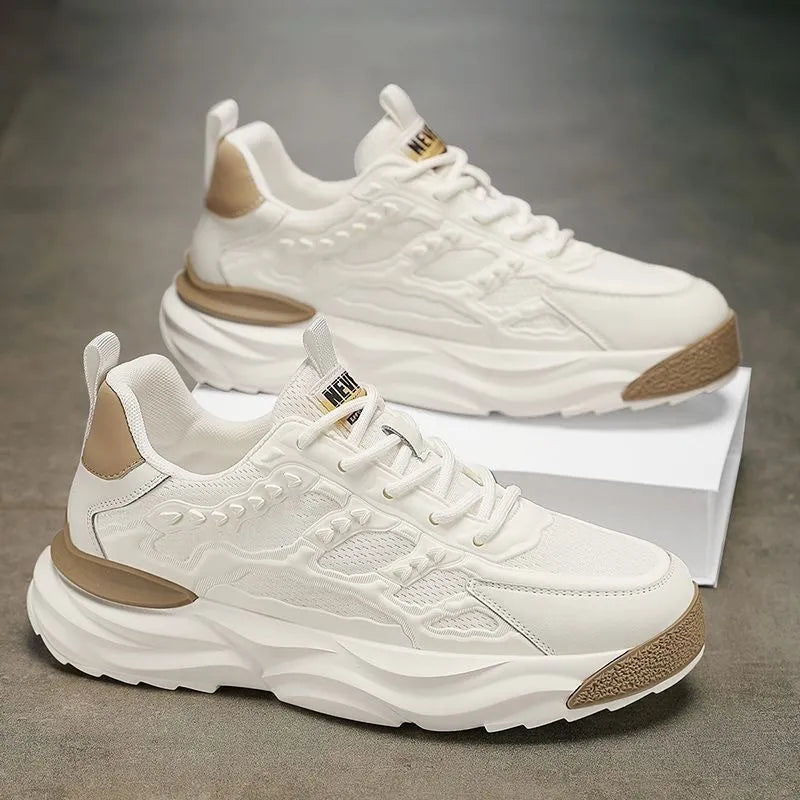 Men's solid colour casual shoes with breathable PU mesh upper and round toe in black and white.