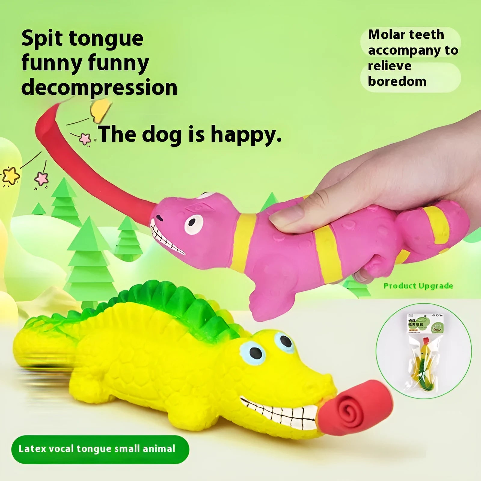Latex tongue-sticking lizard sounding toy in crocodile colour on white background