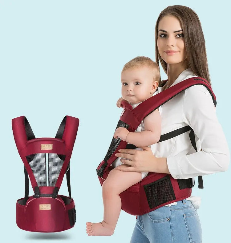 Multifunctional baby carrier in black, 100% cotton, with waist support and three carrying positions for newborn to toddler
