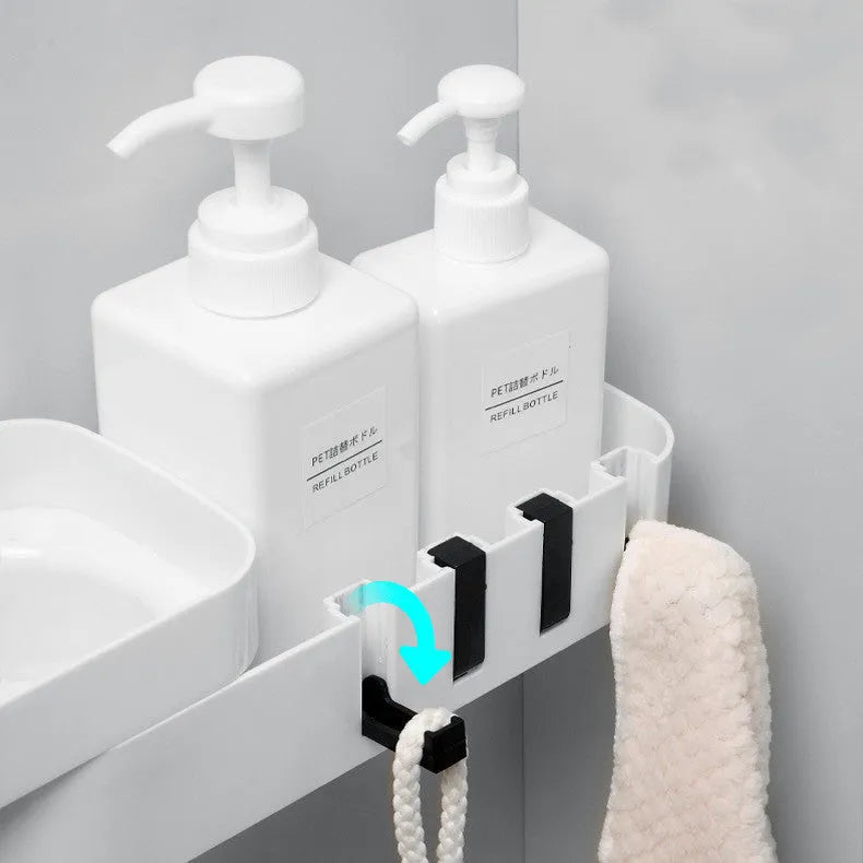 Plastic bathroom corner shelf wall-mounted in black and white colour for shower storage