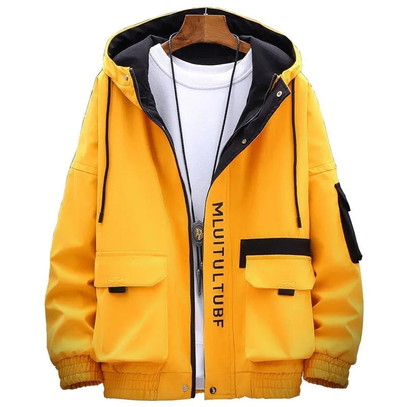 Men's thickened casual hooded coat in black, front view, polyester fibre fabric