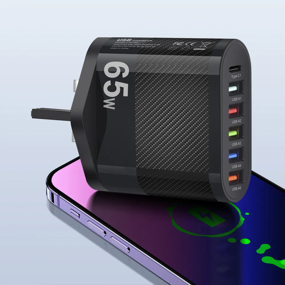 White mobile charging plug showing USB port and international adapter interfaces